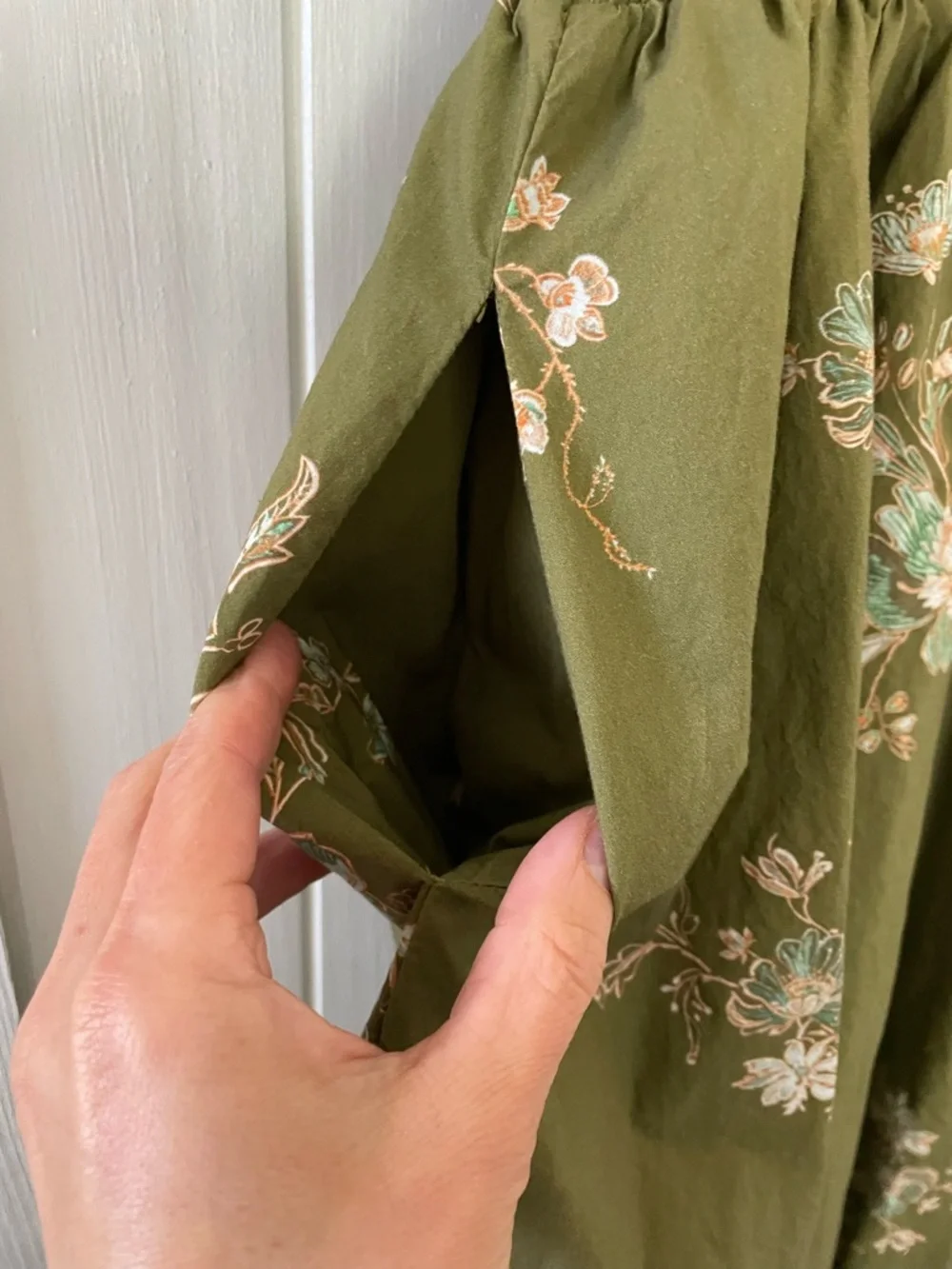 Entro Olive Green Floral Zip Front Midi Dress size L Cotton - Picture 5 of 6